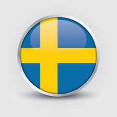 Sweden round flag design is used as badge, button, icon with reflection of shadow. Icon country. Realistic vector illustration.