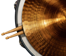 Close-up of a golden colored cymbal on a snare drum with two wooden drumsticks, isolated on transparent background. Percussion instrument. Png.  - obrazy, fototapety, plakaty