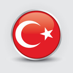 Turkey round flag design is used as badge, button, icon with reflection of shadow. Icon country. Realistic vector illustration.