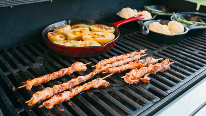 preparing dinner on a gas grill