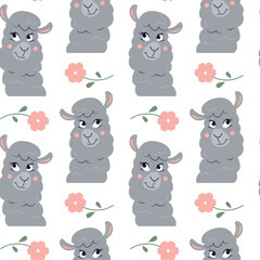 Vector seamless pattern with flowers and cartoon funny lamas. Animal character wallpaper. Head of nice alpaca. 