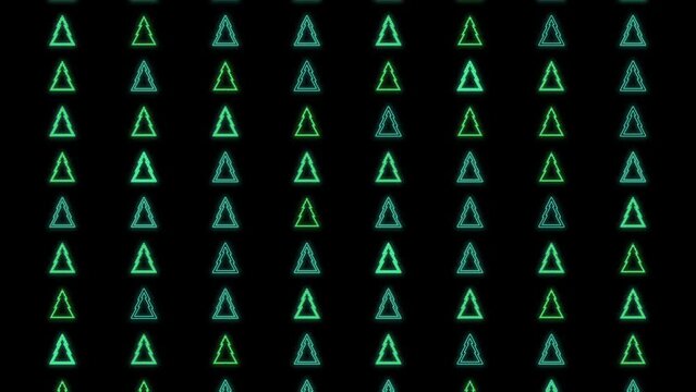 Christmas trees pattern in rows with neon color in night, motion abstract club, party and winter holidays style background