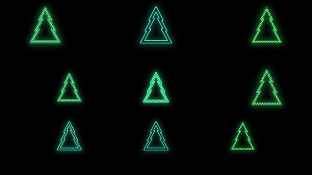 Christmas trees pattern in rows with neon color in night, motion abstract club, party and winter holidays style background