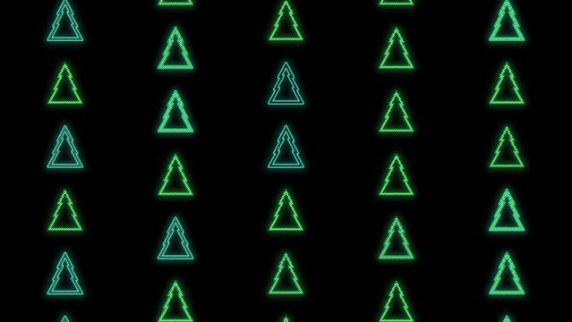 Christmas trees pattern in rows with neon color in night, motion abstract club, party and winter holidays style background