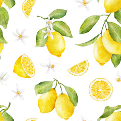 Watercolor seamless pattern with lemons and flowers isolated on white background. - obrazy, fototapety, plakaty