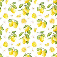 Watercolor seamless pattern with lemons and flowers isolated on white background.