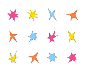 Fototapeta premium Different acid shapes of stars, space stars, sunbeams, glare and flares in flat style