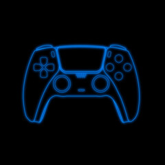 Illustration of a game controller in neon style on a black background.