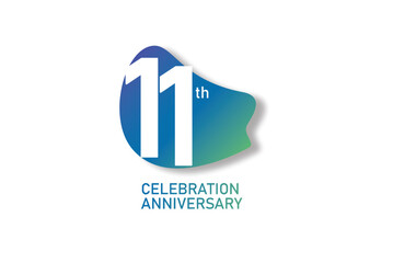 11 year anniversary celebration fun style logotype. anniversary white logo with green blue color isolated on red background, vector design for celebration, invitation and greeting card - Vector