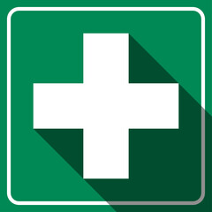Green and White First Aid Kit Icon with Cross and 3D Style Shadow Effect. Vector Image.