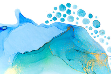 Abstract ocean foam print. Watercolor blue texture with gold glitter.