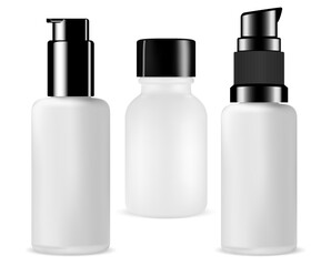 Small pump bottle, cosmetic serum dispenser container. Face foundation essence product flacon. Eye skin care moisturizer vial blank, airless dropper for texture gel or lotion, vector tube