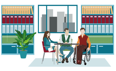 Une réunion de travail dans une entreprise qui emploie des travailleurs handicapés.