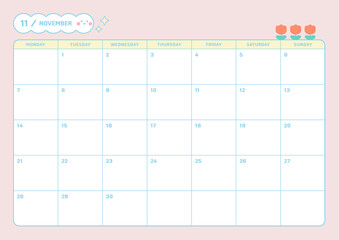 November 2022 calendar template design illustration in colorful and cute style. Notes, scheduler, diary, calendar, memo, planner document template background. 