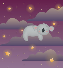 Cute koala sleeping on a cloud. Night starry sky. Adorable koala bear illustration for baby shower, nursery, kids room poster, wall art, card, invitaton. Vector