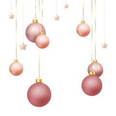 Realistic rose gold Christmas balls decoration with golden ornaments - vector illustration