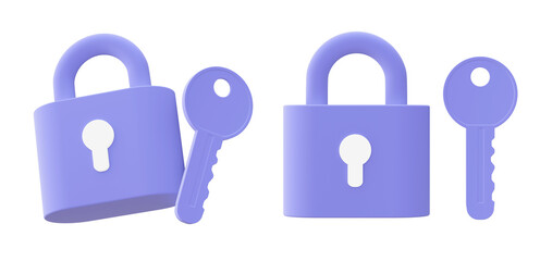 3d illustration icon of purple padlock and key for UI UX web mobile apps social media ads designs