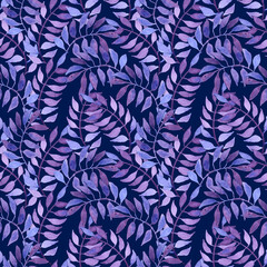 Seamless pattern of purple leaves painted with watercolors on a dark blue background. For fabric, sketchbook, wallpaper, wrapping paper.