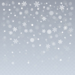 Christmas snow vector background. Falling snowflakes transparent decoration. New Year Holidays greeting card backdrop.