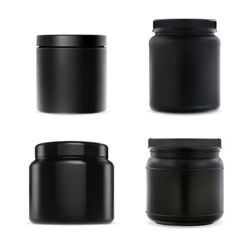Black plastic sport supplement bottle set mockup. Whey protein powder jar, muscle bodybuilding nutrition. Pill capsule cylinder can for sport workout. Cream or wax packaging design