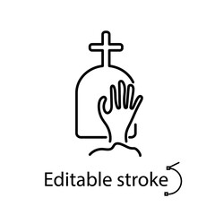 Fototapeta premium Zombie hand on graveyard line icon. Happy halloween decoration. Cemetery horror. Isolated vector stock illustration