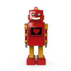 Naklejka premium Red cute vintage robot with shiny light bub and screen with pixel heart icon. 3d render isolated on transaparent