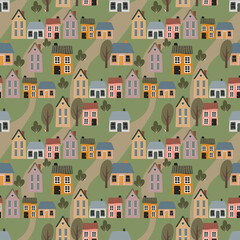 Seamless cartoon houses pattern , Cute cottage houses print, background with cute small houses, trees; Flat little house illustration print, Background for children clothes, wallpaper, stationery
