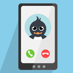 Penguin incoming phone call, winter vector illustration