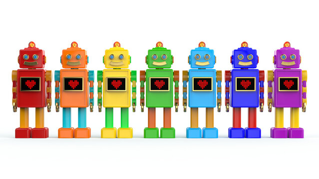 rainbow colored plastic cute vintage robots with shiny light bub and screen with pixel heart icon. 3d render isolated on transparent