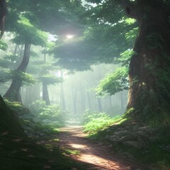A path in a fantasy mystic forest. Soft sunlight, mysterious haze. Fairytale wallpaper. Dream fantasy scene. 3D render.