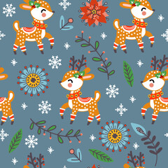 Seamless pattern christmas deers vector illustration blue