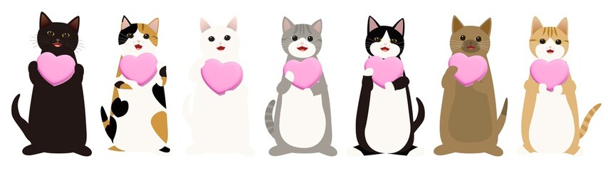 ハートを持つ七匹の猫　背景透明PNG