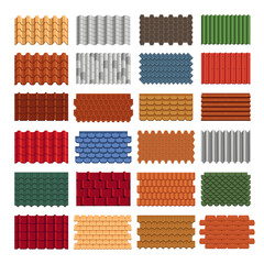Roofs tiles of different materials vector illustrations set. Cartoon drawings of clay, stone, glass roof profile sheets for house or home roof on white background. Construction, materials concept © SurfupVector