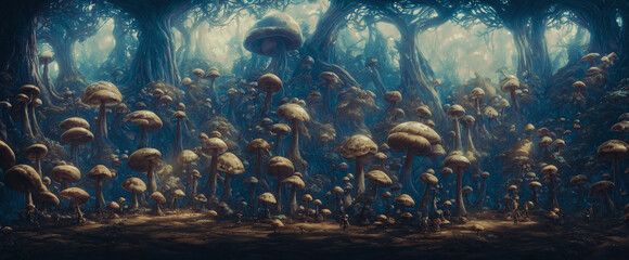 Artistic concept painting of a fabulous mystical mushrooms, background illustration.