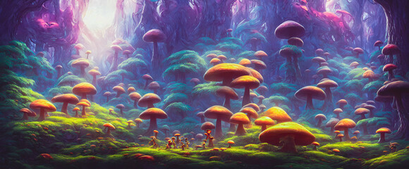 Plakat Artistic concept painting of a fabulous mystical mushrooms, background illustration.