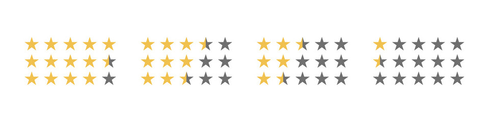 Five star icon review. Golden 5 stars rank. Isolated rate half star isolated on white background.