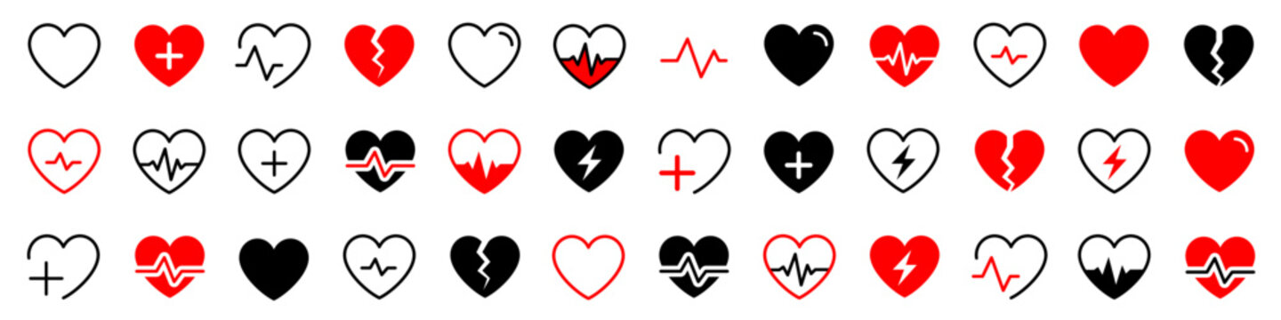 Heart icon in linear design isolated vector signs. Heart vector icons. Red heart icon set. Medicine concept. Symbol cardiogram heart logo in linear style. Medical health care. Love passion concept.