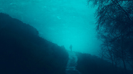 A mental health concept of  the silhouette of a man walking into the distance along a path in a dark moody forest on a winters evening.