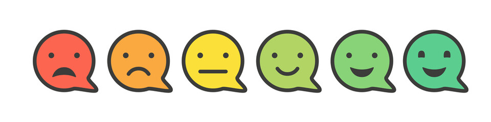 Face feedback. Satisfaction level vector icon. Happy sad good bad customer emotion. Color faces we want your feedback.