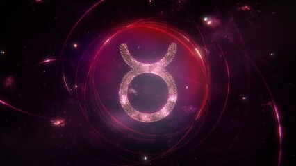 Taurus zodiac sign as golden ornament and rings on purple violet galaxy background. 3D Illustration concept of mystic astrology symbol, social media horoscope calendar banner artwork and copy space.