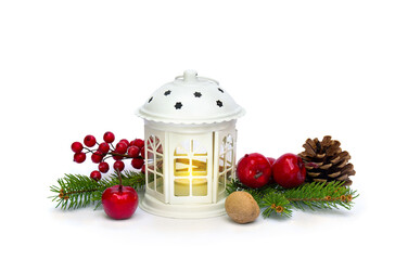 Christmas decoration. Christmas lantern, red berries, pine cone, nut, red apples, twigs christmas...