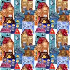 Fototapeta premium Watercolor Seamless pattern with hand drawn medieval houses. Stone house. Old Europe town street view. Design for tourists goods, backgrounds, covers. illustration in cartoon style for kids books.
