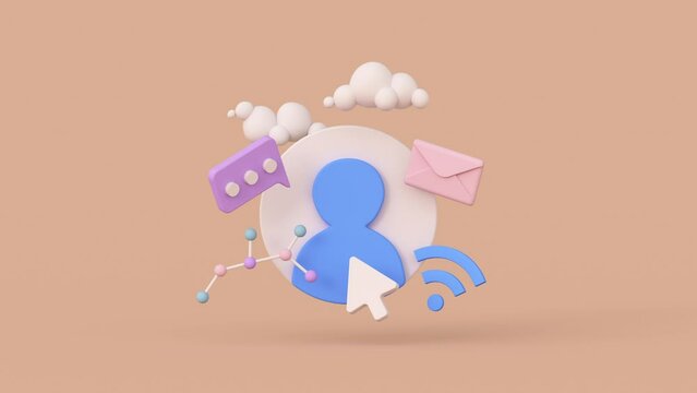 User account and Internet symbols. 3D render animation