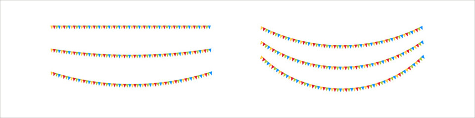 Party flags. Colorful garland. Happy birthday background. Carnival isolated banner. Hanging party flags line on white background.