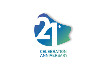 21 year anniversary celebration fun style logotype. anniversary white logo with green blue color isolated on red background, vector design for celebration, invitation and greeting card - Vector