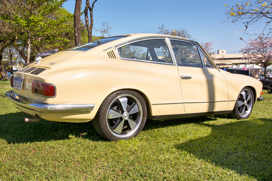 Vehicle Volkswagen Karmann-Ghia 1975 On Display At Vintage Car Show. Produced By Volkswagen, Designed By The Italian Company Carrozzeria Ghia.