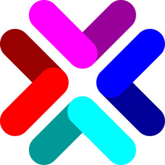 Colorful arrow pointed to center vector illustration for logo, icon, sign, symbol, badge, item, label, emblem or design. Red blue purple cyan arrow. Colorful cross logo