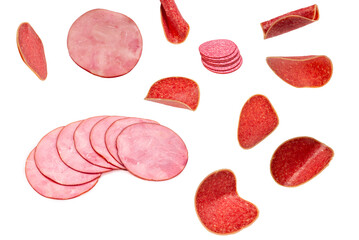 Falling salami isolated on white background.