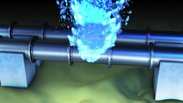 Underwater gas pipes with large leak - zoom-out - 3D animation underwater