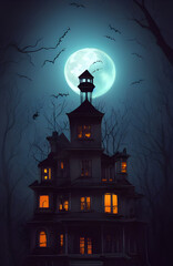 Full moon shines over a creepy haunted house. 